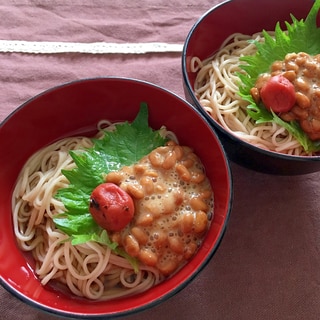 ポン酢納豆でさっぱり！ねばちゅる梅納豆そば♡